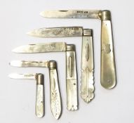 Victorian silver folding fruit knife with carved mother-of-pearl handle and engraved blade,