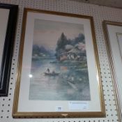 A 20th century watercolour Japanese scene with figures in boat, signed Yoshida glazed and framed.