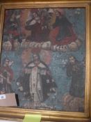 An antique Peruvian oil on canvas, Religious scene with many saints, in a gilded and moulded frame.