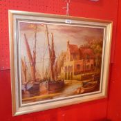 A 20th century oil on board harbour scene with moored vessels and an inn on the embankment in