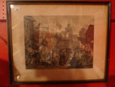 A 1733 framed Hogarth mezzotint in period frame, typical street scene.