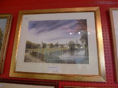 Limited edition colour print village green with church in the distance framed and glazed.