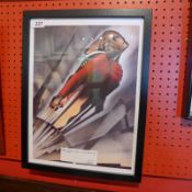 A framed and glazed art print 'Rocketeer' by John Mattos.