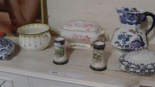 A pair of Adams Dickens vases with hallmarked Chester silver rims (one af) together with three
