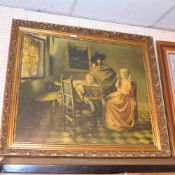 A large print on canvas, interior scene in ornate gilt frame.