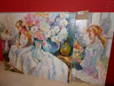 A set of three unframed oils on canvas by P. Santilla (Spanish) of girls with flowers.