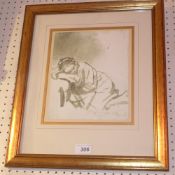 A glazed and framed Rembrandt print sketch of a girl sleeping with details verso.