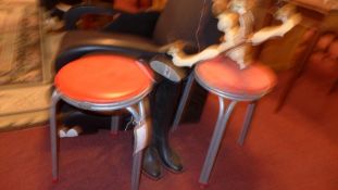 A pair of retro stools (af), a pair of riding boots and a white painted parcel gilt hanging light.