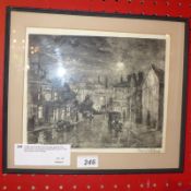 A 20th century pen and ink study signed Tom Whitehead, rainy street scene with figures on the path,