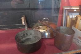 Two vintage copper preserve pans and Sheffield plate entree cover.