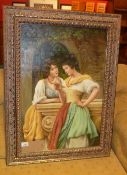 An oil on canvas study of two ladies conversing in a garden, in ornate gilt frame.
