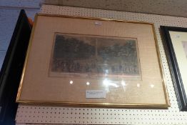 An antique French hand coloured engraving depicting a late 18th century scene titled 'Le Bassin