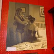 An unframed oil on canvas by Lee Jones, study of two ladies in a bedroom dressing.