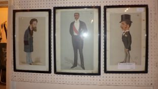 Three glazed and framed Spy prints together with a pair of architectural prints signed Hayshaw.