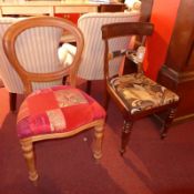 A 19th century mahogany bar back side chair upholstered in floral fabric together with another