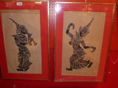 A set of three glazed and framed Thai brass temple rubbings.