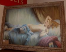 An oil on canvas, Renaissance style portrait of a reclining female nude in an ornate gilt frame.