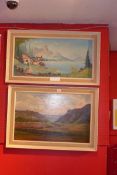 An oil on board landscape study of Loch Maree by David Mead in a white painted frame and similar.