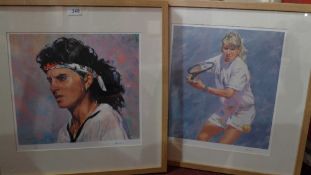A set of three limited edition prints of famous tennis players, glazed and framed.
