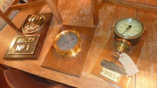 A collection of mounted vintage industrial scientific items including a natural pressure gauge,