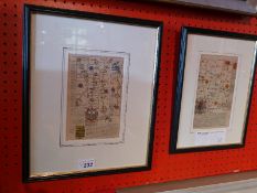 A pair of glazed and framed hand tinted antique map sections.
