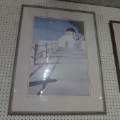 A framed watercolour by Christopher Carter 'Moon and Chapel,