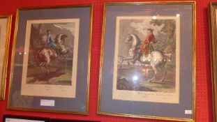 A pair of large coloured prints of riders on horseback, 19th Century.
