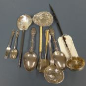 A mixed collection of 19th Century flatware, including George III toddy ladle, sifter spoon and