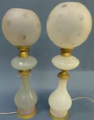 A pair of early 20th Century Art Nouveau style opaline table lamps, having brass galleries H.62cm (