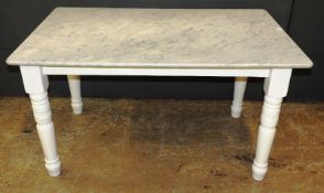 A contemporary French design kitchen dining table, the white marble top over white painted turned