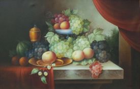 In the style of Francois Boucher, an oil on canvas depicting a still life study of fruit, 90cm x