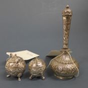An Islamic silver rose sprinkler and two Indian silver condiment pots