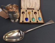 A cased silver gilt enamel Art Deco cocktail set of six spoons, together with an early 20th