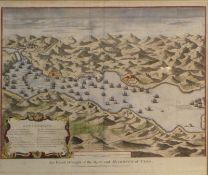 A coloured map illustrating 'An Exact Draught of the Bay and Harbour at Vigo' 43cm x 49cm, glazed