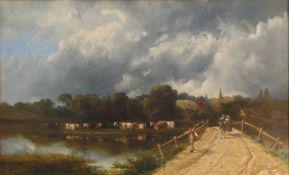 William Oliver, A 19th Century oil on canvas English country landscape with figures walking along