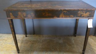 A good pair of Georgian design chinoiserie decorated pier tables, the rectangular tops with