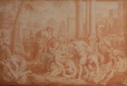 An Old Masters drawing in sepia illustrating figures in a classical setting, glazed and gilt framed,