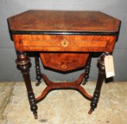 A mid 19th Century Victorian burr walnut and inlaid work sewing table, the hexagonal top enclosing