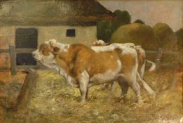 Arthur Heyer (German-Hungarian, 1872 - 1931) An oil on board depicting cattle on a farm, signed