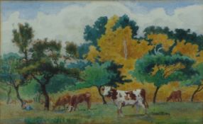 William Brock, a watercolour of a cattle in an orchard, gilt framed, glazed and bearing label verso,