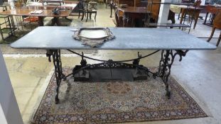 A Victorian design orangery table, the zinc top over black painted ornate cast iron base 86cm x 74cm