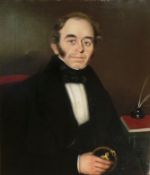A large oil on canvas depicting a gentleman in period costume posed at his writing desk, unsigned,