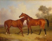 John Pitman (1820 - 1846) oil on canvas of two chestnut horses in a meadow with trees behind in a