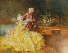 Follower of Salvador Sanchez Barbudo (1857 - 1917) oil on board of figures with a fan, signed