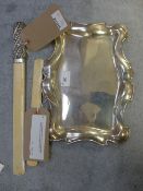 An Art Nouveau silver tray, Edwardian silver handled paper knife and letter opener (3)