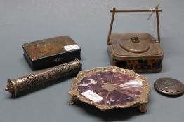 A tortoiseshell box, salver, white metal items and a papier mache box