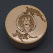 A Japanese meiji period ivory pill box with monkey decoration 4cm x 6.5cm