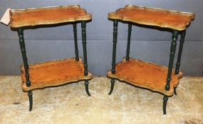 A pair of 20th Century toleware design side tables, the pierced brass galleried handpainted top over