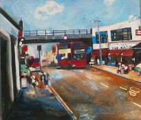 Peter Raynor, (Contemporary, British) An oil on canvas of a double decker bus, titled 'Peckham'