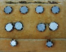 A cased Mappin and Webb 18ct backed gentleman's cufflink, button tie pin evening set c.1930
